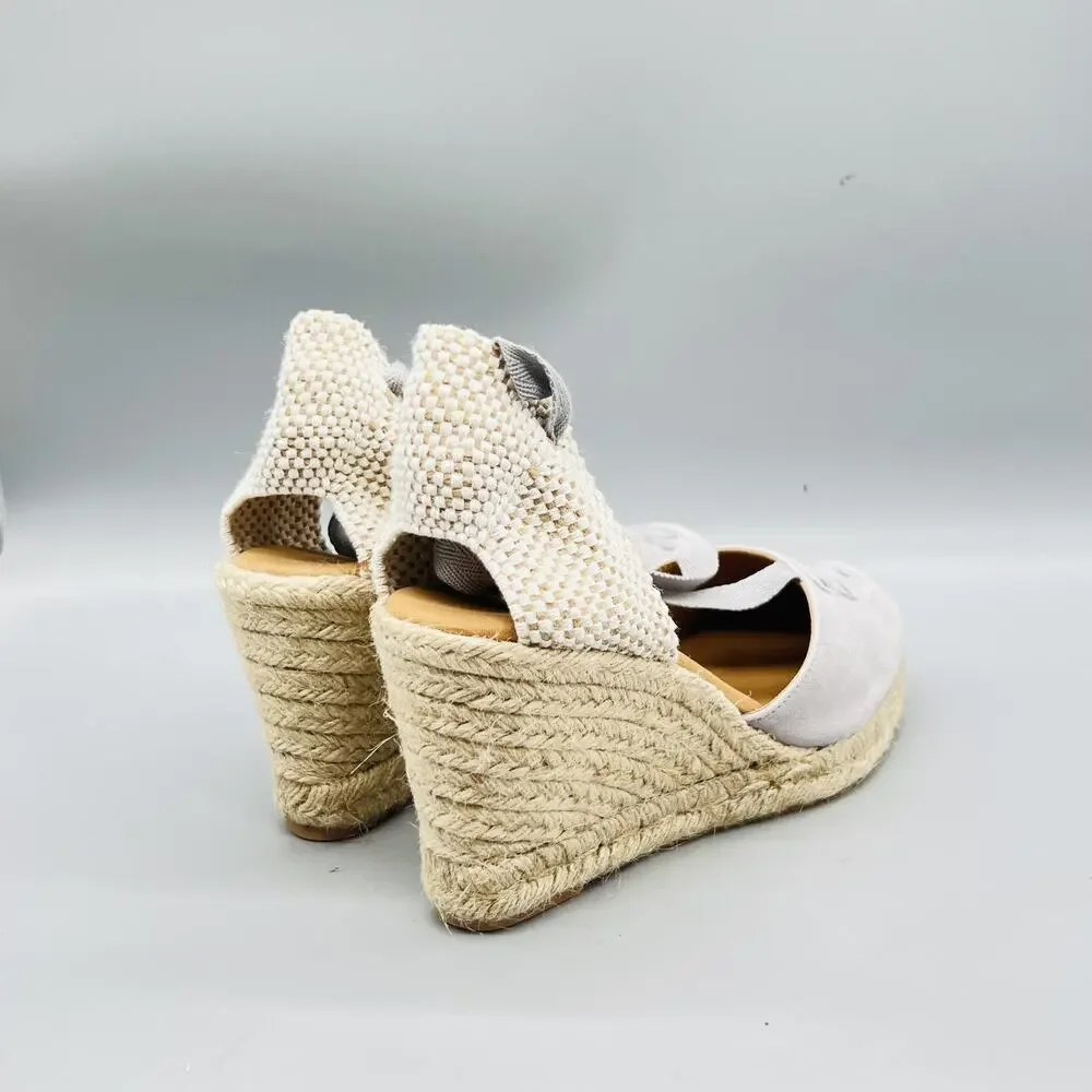 Paseart Sandals Womens 8.5 Gray Suede Espadrille Wedge Ankle Tie Lace Up Shoes